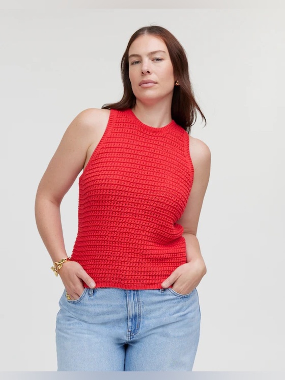 Madewell Crochet-Knit Crewneck Sweater Tank Crushed Watermelon S